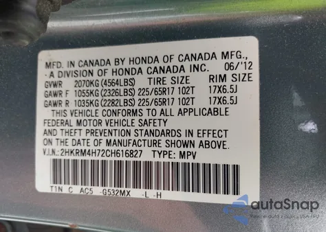 2012 Honda Cr-V Ex-L from USA, damaged, VIN 2HKRM4H72CH616827